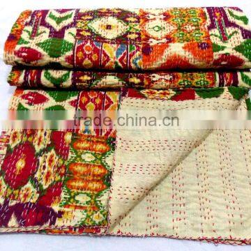 Patola Print Kantha Quilt Blanket Bedspread Reversible Throw Gudri Ralli Bohemian Quilt Blanket, Saree Patchwork