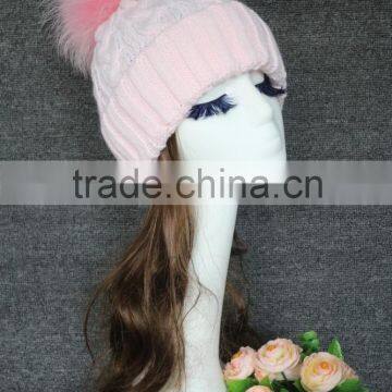 Winter Unisex Baby Pink Knitted Caps With Raccoon Fur Pompoms Balls Hats