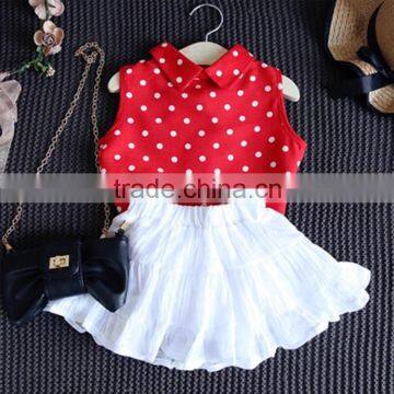 Wholesale Children Lovely Doll Collar Dots Girl Sleeveless T-shirt and Ruffled Skirt Suit