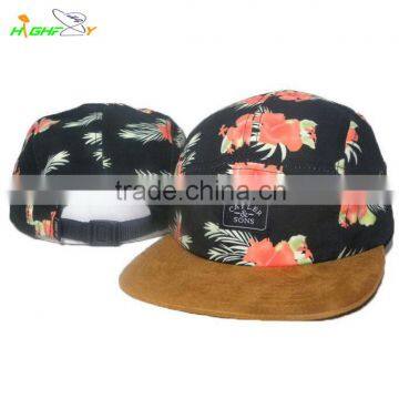 OEM service flower pattern crown suede brim custom woven label patch 5 panel camp cap and hat