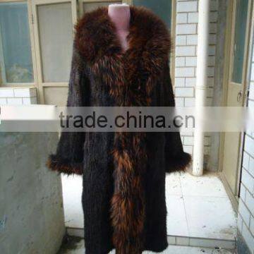 2015 real knitted mink fur coat with racoon fur collar for women