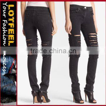 Shredded knees deconstruct Skinny women Ripped Stretch Jeans (LOTX299)