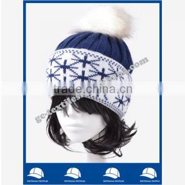 fur pompon winter warm Jacquard women and men acrylic beanie hat and cap