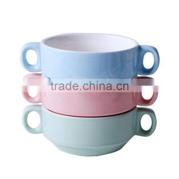 Mini porcelain bowl with handle double handle porcelain bowl stackable bowl with handle