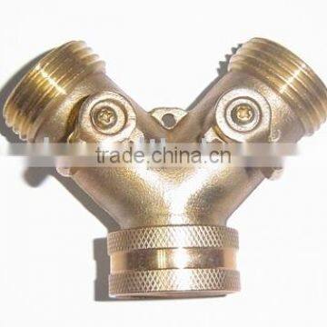 Brass 2-way hose connector with shut-off valve