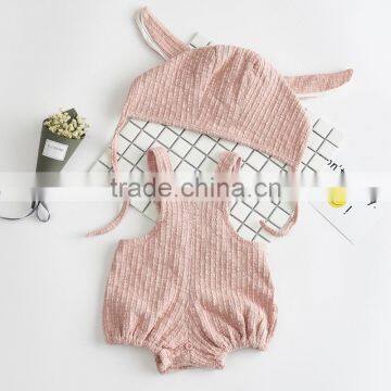 2017 Spring Baby Girls Bunny Rabbit Solid Rompers + Ear Cap Pure Pink Light Blue photo-3