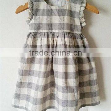 Grey/Cream Check Linen Dress Light Weight Linen Blend Summer Kids Party Dresses photo-4