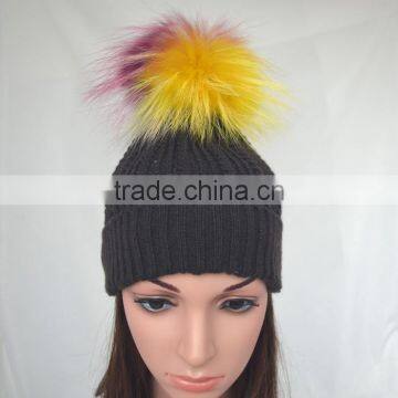 Myfur Black Color Unisex Winter Woolen Beanie With Fur Pompom Top