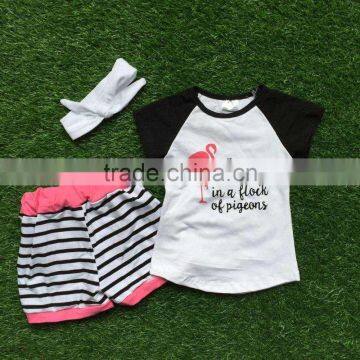 2016 girls clothing and accessories set of flamingo black and white striped short sleeve children 1-9 years old girls clothing b