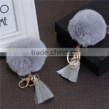 Custom Gold Plated Gray Angora Pom Pom Ball Rayon Tassel Keychain photo-4