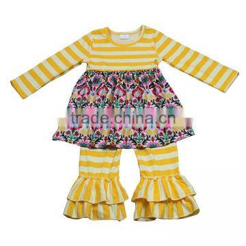 New design kids girls yellow striped 2pcs ruffle clothing set children long sleeve fall autumn boutique outfits flower dress set