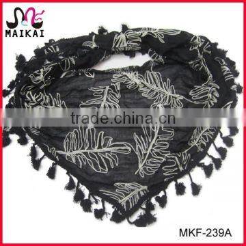 New design cotton polyester leaf embroidery scarf