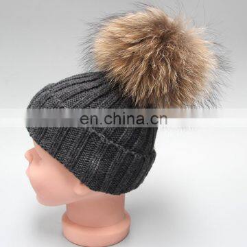 Child Baby Women Winter Knit Beanie Raccoon Fur Pom Bobble Hat Crochet Ski Cap photo-3
