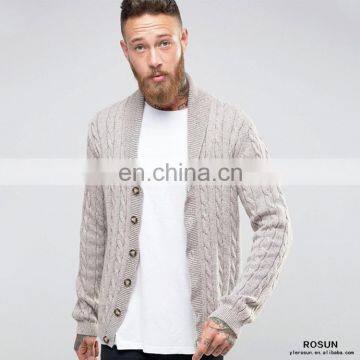 Mens Shawl Neck Cable Cardigan in Wool Mix