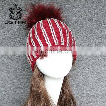 Lady Size Real Toque Racoon Fur Large Pom Pom Beanie Hats Knitted Hat Fur Pompom