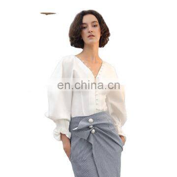 TWOTWINSTYLE  Summer Casual White Women's Blouse V Neck Lantern Sleeve Button Loose Slim Female Top