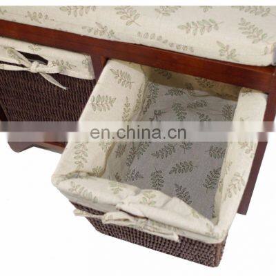 Wicker Basket Drawers Solid Wood Linen Fabric Covered Hall Storage Bench Seat photo-3