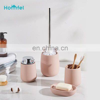 Bathroom Accessories Set Scandi Water Drop Shape Stoneware Rubber Coating Soap Dispenser Tumbler Soap Dish Toilet Brush Holder