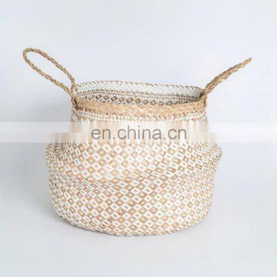 Checker White & Natural Seagrass Belly Basket Plant Holder Storage Basket Decor Home Wholesale