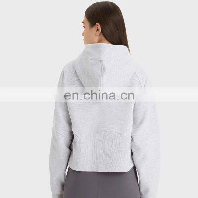 Custom Logo Sports Active Wear Women's Hoodies High Quality Cotton Fleece Oversized Fit Full Zip Up Thumbholes Crop Top Hoodie photo-4
