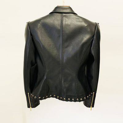 Fashion New Arrival V-neck Corns Metal Leather Jacket Tight Black Zipper Short Women's Clothing photo-4