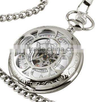 WP124 New Mens Silvered Case White Mechanical Pocket Watch with Chain Custom Pocket Watch