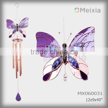 MX060031 wholesale wind chime with tiffany style stained glass butterfly craft decoration top and metal wind chime pipe