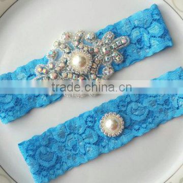 Rhinestone Garter Set,Blue Turquoise Garter,Brooch Garter,Wedding Toss Prom Garter