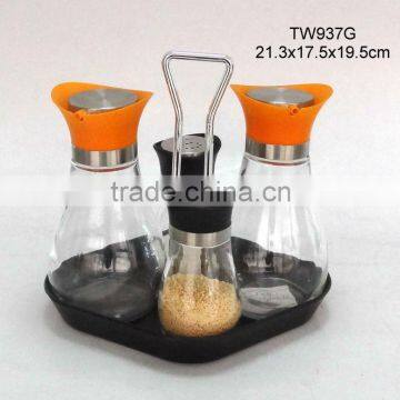 TW937G 4pcs glass condiment jar set with plastic stand