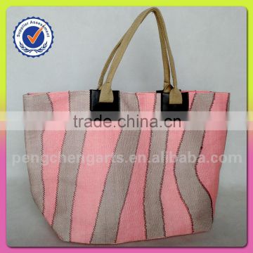 High quality fashion irregular vertical stripes bag with paper straw and polyester material women handbag