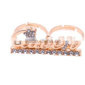 Two Finger Ice Cold Bling Crystal Rhinestone Queen Script Font Adjustable Ring