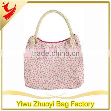 Hot sale Small Pink Geometric Print Beach Bag with Tote Rope Handle