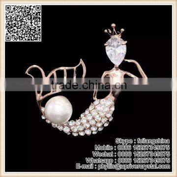 New Arrival Fashion Crystal Mermaid Brooch Pearl Pin With High Quality