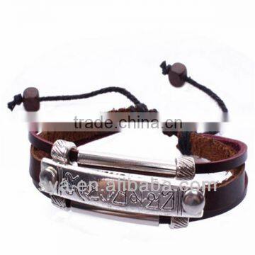 Alloy Leather Adjustable Wristband Color Silver Brown Engraved Bracelet