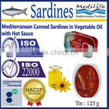 Mediterranean Canned Sardines in Vegetable Oil with Hot Sauce , High Quality Sardines,Sardines in cans with Hot Sauce 125g