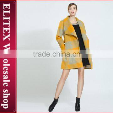 2015 HOT Newest Yellow Plaid Wool woman sexy winter overcoat with belt