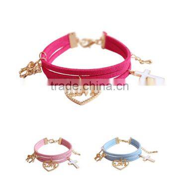 gold love heart cross horse feather charms sude leather bracelet multi layer velvet leather bracelet