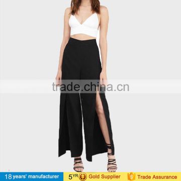 2017 Elegant summer casual sexy slim trumpet wide leg loose solid black high waist split women pants