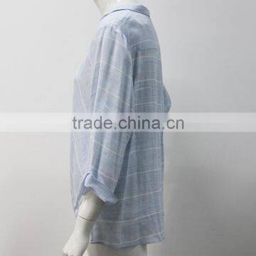 Factory Ladies Summer Tops Charming Cotton Long Sleeve Blue Blouse photo-3