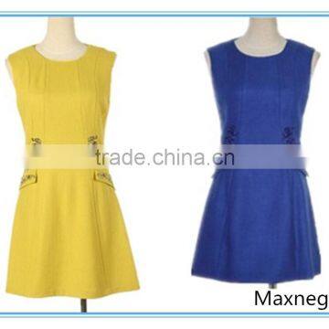 Yellow and Blue Color Wool Fabric Short Party Dresses for Ladies on Sale photo-2