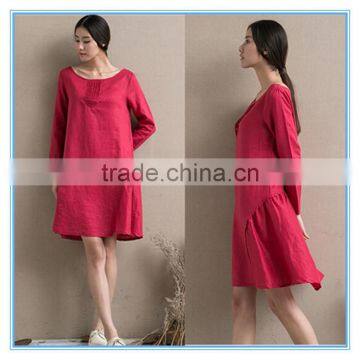 Fashion Red Linen Ladies Winter One Piece Dress of Large Size photo-5