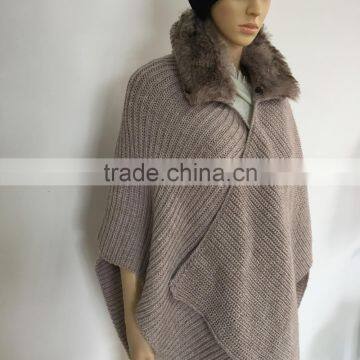 heavy knit shawl with fur collar and button