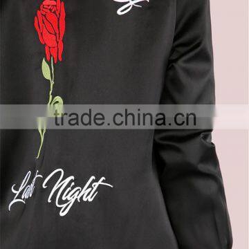 Custom Embroidered Women Longline Satin Bomber Jacket Black Oversized Zip Up Coat With Sides Pockets photo-5