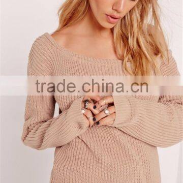 MGOO New Branding Women Oversized Loose Plain Sexy Off Shoulder Longline Knitted Jumper Camel Knitwear Private Label photo-3