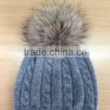 2015 new fashion design lady high quality cashmere fur pom pom hats with cable pattern