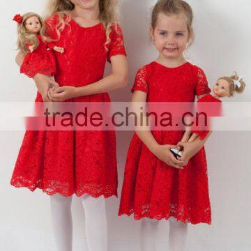 Doll And Me Red Christmas Dress Girls Lace Short Sleeve Dress photo-2