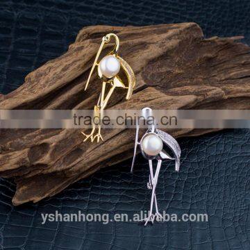 Fashion Gold Zircon White Pearl Crane Brooch Pin photo-3