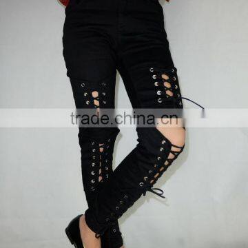 M1192 Runwaylover Hollow Cross Bandage Tight Pants Autumn Demin Pants photo-2