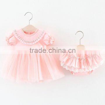 B22160A Korean baby girls bubble sleeve gauze dress and lace shorts clothing sets