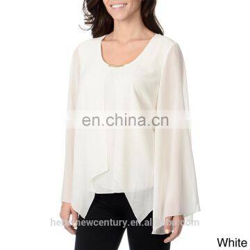 2014 Women Blouse Sheer Long Bell Sleeve Top Solid Type Chiffon Splice T-Shirt Top